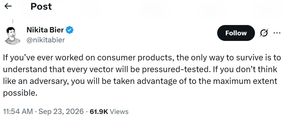 Nikita Bier post about adversarial pressure-testing in consumer products